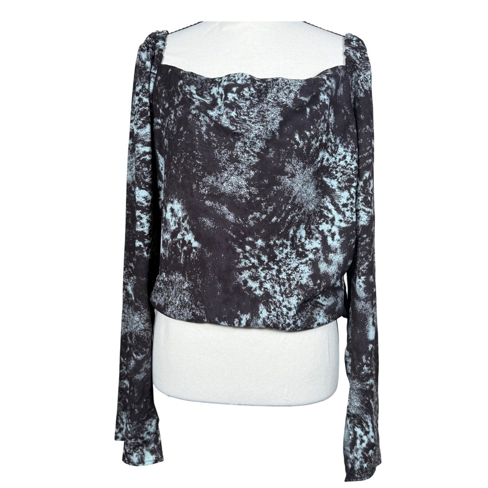 Open Edit Draped Neck Blouse Women XL Black Blue Excellent Abstract Smocked Back